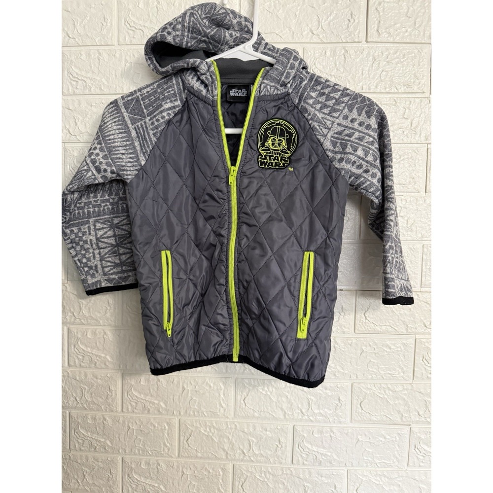 Star Wars Boys Quilted Hooded Jacket Gray Neon Green Darth Vader Size 5 1614377